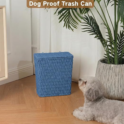 iEGrow Paper Rope Trash Can,Bathroom Trash Can with Lid, 3 Gallon Wicker Waste Basket with Removable Liner, for Bedroom, Living Room, Toilet, Under Sink Blue