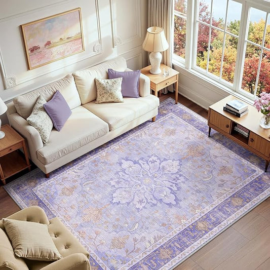 RELEANY Area Rugs 6'x9' Washable Non-Slip, Floral Vintage Distress Medallion Carpet for Living Room Bedroom Dining Room, Light Purple Brown