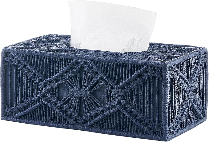 Woven Macrame Boho Tissue Box Cover Rectangular for Home Decor,Resin Heavy Woven Tissue Box Holder for Bathroom Kitchen Countertop,Bedroom, Vanity, Night Stand, Office, Waterproof Durable (Blue)
