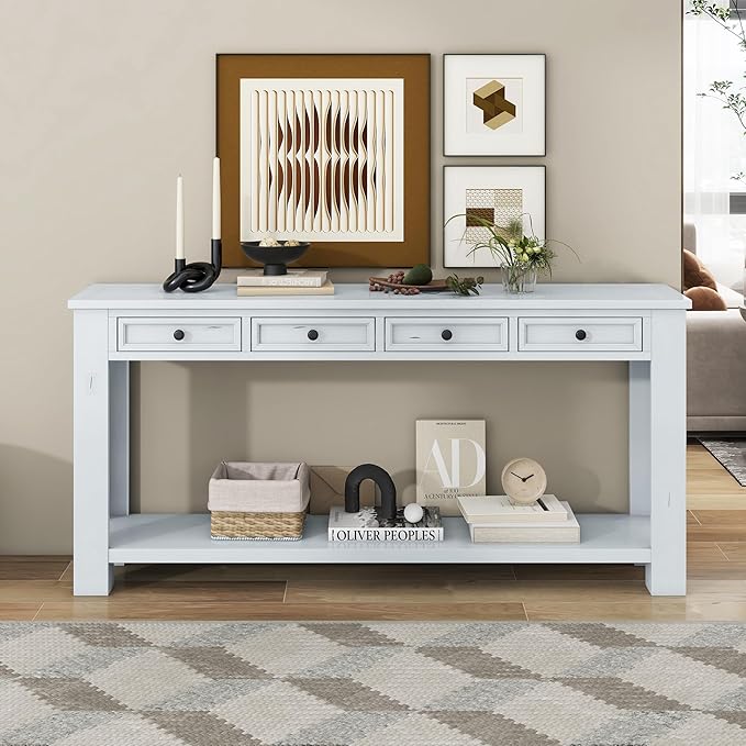 Knocbel Console Table Hallway Sofa Entryway Side Table 63" Long Furniture with 4 Drawers and Bottom Shelf for Living Room Home Decor, New Antique White