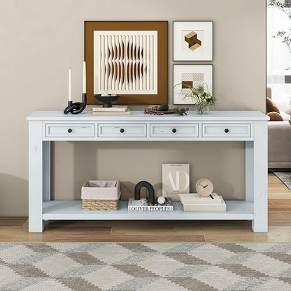 Knocbel Console Table Hallway Sofa Entryway Side Table 63" Long Furniture with 4 Drawers and Bottom Shelf for Living Room Home Decor, New Antique White