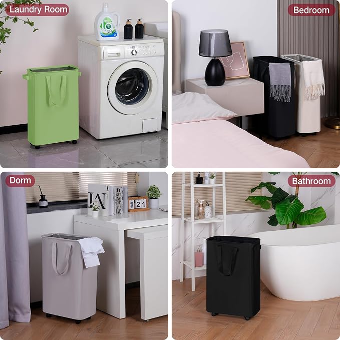 efluky Slim Laundry Hamper with Wheels, Rolling Laundry Basket for Clothes, Small Laundry Basket for Bedroom, Dorm and Laundry Room, 75L (19.8 Gallons) Green