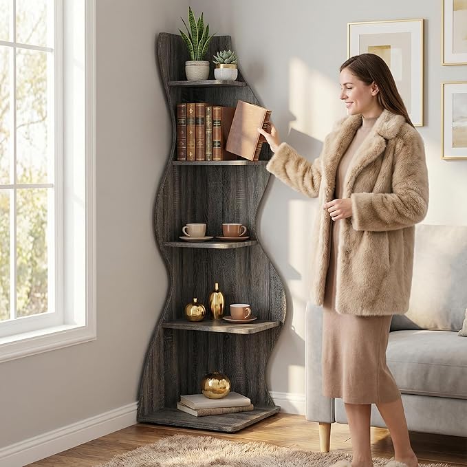Arvolia 70 Inch Corner Shelf Stylish Design,Modern 5-Tier Wall Corner Bookshelf,Stylish Corner Small Bookcase Storage Rack Plant Stand with Unique Shape for Home Office (Gray)