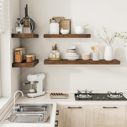 Vivelove 12" Deep Floating Shelves 47.2" Long, Wall Shelves for Living Room Bedroom Bathroom Kitchen Laundry Room, Farmhouse Rustic Shelves for Home Decor, 47.2" X 12" X 2" Set of 2, Rustic Brown
