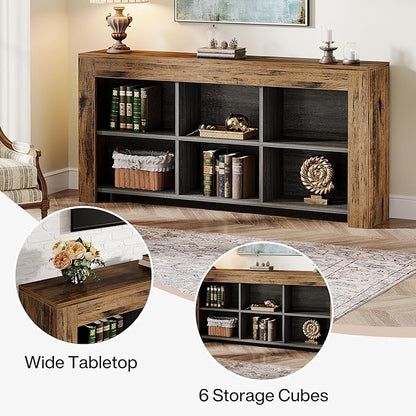 Tribesigns 63-Inch Long Console Table, Rustic Wood Entryway Table with 6 Storage Cubes, Industrial Narrow Sofa Table Behind Couch Table for Living Room, Hallway