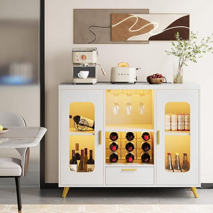 Bar Cabinet with Power Outlets, Modern Coffee Bar Sideboard with LED Light, Farmhouse Liquor Cabinet with Wine Rack, Glass Holder & Wine Storage, White