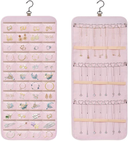 Dynoro Double-Sided Hanging Jewelry Organizer, Large Pink Storage Roll for Earrings, Necklaces, Rings, 48 Pockets 21 Hooks, Durable Oxford Fabric for Closet, Wall, Door, 1 piece, Jewelry Not Included