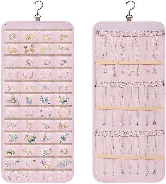 Dynoro Double-Sided Hanging Jewelry Organizer, Large Pink Storage Roll for Earrings, Necklaces, Rings, 48 Pockets 21 Hooks, Durable Oxford Fabric for Closet, Wall, Door, 1 piece, Jewelry Not Included