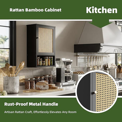 Bathroom Wall Cabinet, Bamboo Over-The-Toilet Storage Organizer with Rattan Doors and Adjustable Shelf, Space Saver Medicine Cabinet for Laundry, Kitchen, Living Room (Black)