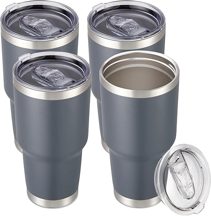 30 oz Tumbler with Lid Stainless Steel Tumblers Bulk Vacuum Insulated Cup Reusable Powder Coated Travel Mug Double Wall Leak Proof Cups Keep Cold Drinks for 12 Hours Gray, Set of 4