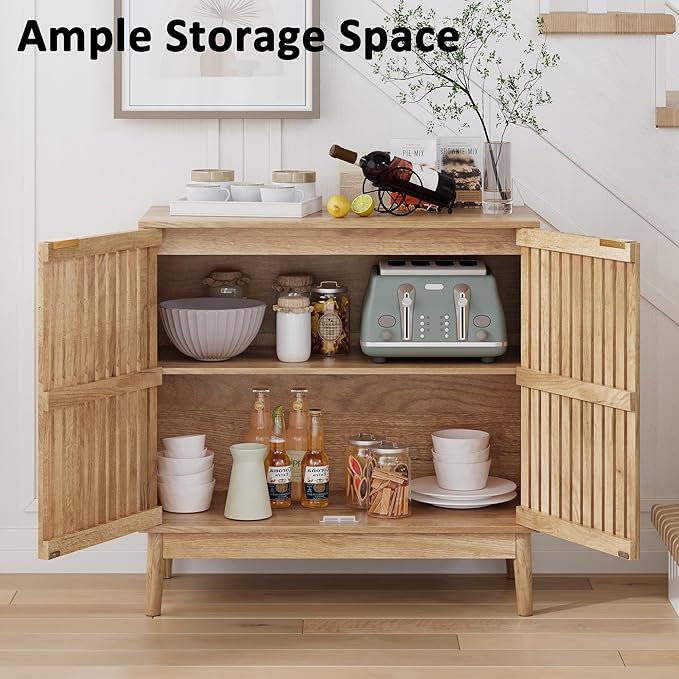 Sideboard Buffet Cabinet with Storage, Freestanding Kitchen Storage Cabinet with 2 Slatted Doors and Adjustable Shelves, Wooden Cupboard for Kitchen, Entryway (Slatted Door Natural)