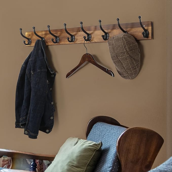 WEBI Rustic Coat Rack Wall Mount,35.43" Long 8 Cast Iron Coat Hooks Wall Mounted,Heavy Duty Wall Coat Hanger Hooks for Hanging Coats,Clothes,Brown,2 Packs