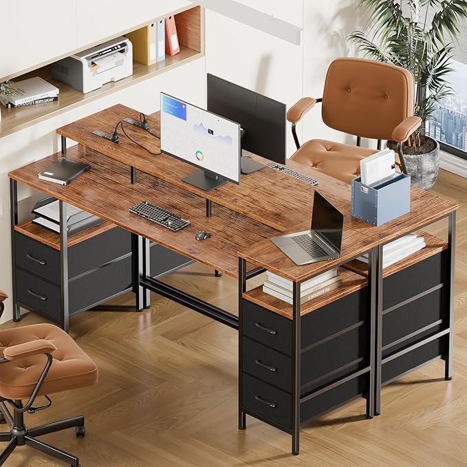 61 Inch Computer Gaming Desk with Power Outlets LED Lights Reversible Home Office with Adjustable Fabric Storage Drawers for Working Writing Study, Rustic Brown