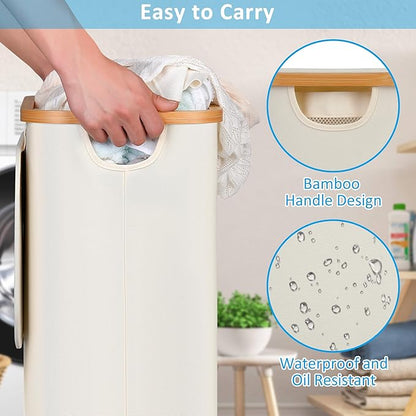 efluky Slim Laundry Basket with Wheels, Tall Rolling Laundry Hamper with Lid and Removable Bag, Aesthetic Dirty Clothes Hamper on Wheels for Laundry Room, Bedroom, Dorm and Bathroom,75L Beige