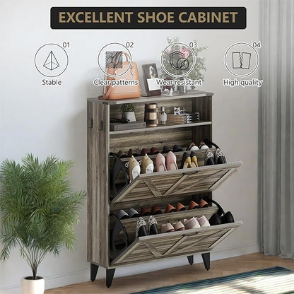 Shoe Cabinet with 2 Flip Drawers, Shoe Storage Cabinet for Entryway, Freestanding Shoe Cabinet Organizer with Open Storage, Free Standing Shoe Rack Cabinet Corner, Retro Gray