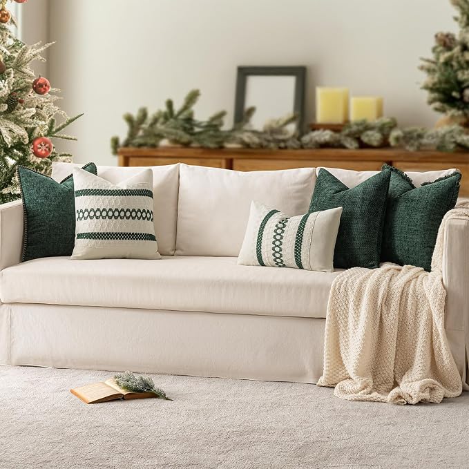 MIULEE Pack of 2 Pillow Covers 20x20 Inch Dark Green Farmhouse Decorative Throw Pillow Covers with Stitched Edge Soft Chenille Solid Dyed Couch Pillow Covers for Sofa Bed Living Room