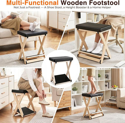 Adjustable Foot Rest Under Desk, Solid Wood Ergonomic Under Desk Footrest with Detachable Memory Foam Pad, Double Layer Foot Stool and Leg Rest with 3-Level Angle, for Home Office Gaming Chair