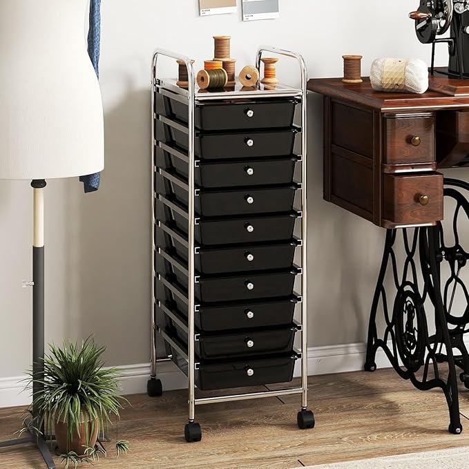RELAX4LIFE 10-Drawer Rolling Storage Cart, Utility Cart with Metal Frame, Lockable Wheels & Removable Drawers, Multipurpose Art Craft Organizer for Home Office Classroom (Black)