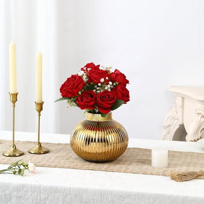 Gold Glass Vase, Flower Vases for Bouquet, Ribbed Glass Vases for Flowers, Small Gold Vase for Living Room, Office, Coffee Table, Shelf, Wedding, 6 Inches