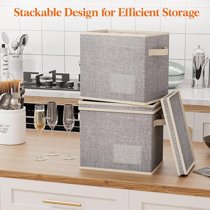 Lifewit 4 Pcs Champagne Flute Storage Box with Dividers, Stackable Cationic Hard Shell Stemware Organizer with 48 Cells, Foldable Dustproof China Containers for Moving, Light Grey