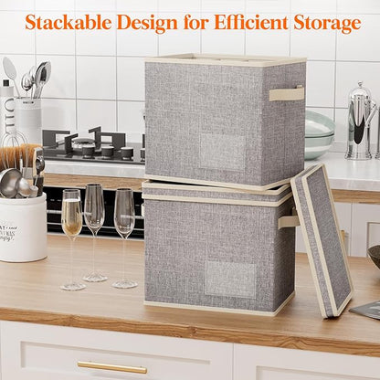 Lifewit 4 Pcs Champagne Flute Storage Box with Dividers, Stackable Cationic Hard Shell Stemware Organizer with 48 Cells, Foldable Dustproof China Containers for Moving, Light Grey