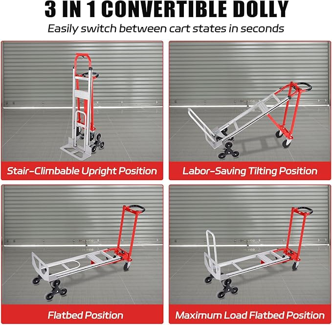 3 in 1 Industrial Convertible Stair Climbing Cart,1000 LBS Capacity Hand Trucks Heavy Duty, Hand Truck Dolly for Transport & Moving in Warehouse, Home, Supermarket