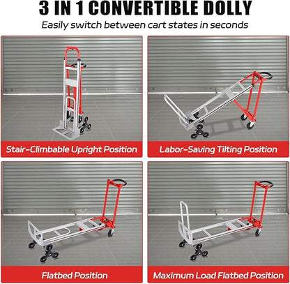 3 in 1 Industrial Convertible Stair Climbing Cart,1000 LBS Capacity Hand Trucks Heavy Duty, Hand Truck Dolly for Transport & Moving in Warehouse, Home, Supermarket