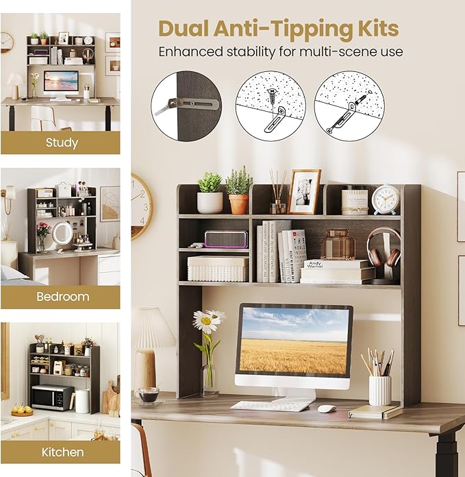Desk Hutch, Desktop Shelf with 6 Shelves, Desk Bookshelf w/Anti-Toppling Devices, Wood Table Top Bookshelf Organizer, Small Desk Shelf for Study, Office, Dorm (Grey, 6 Shelves)
