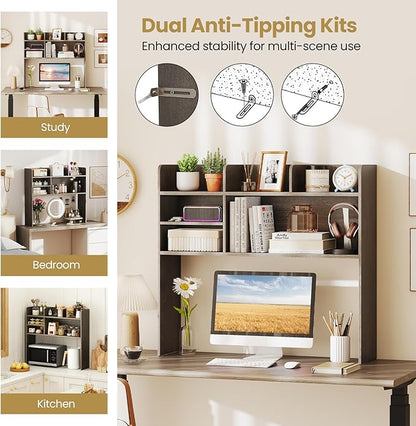 Tangkula Desktop Bookshelf for Computer Up to 32”, 37” Countertop Storage Hutch with 6 Storage Shelves, 3-Tier Desktop Organizer Display Rack, Wooden Desk Hutch for Dorm Home Office (Grey,6 Shelves)