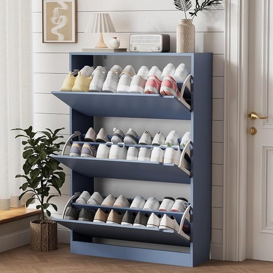 Xixini Shoe Storage Cabinet for Entryway with 3 Flip Drawers, Sturdy Wood Hidden Shoe Storage, Freestanding Narrow Slim Shoe Organizer for Front Door Entrance, Living Room, Hallway, Bedroom, Blue