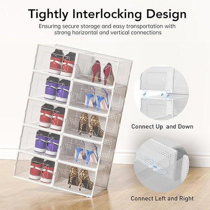 Foluck X-Large Shoe Storage Box, 15 Pack Clear Plastic Stackable Shoe Organizer for Closet, Interlocking Design Shoe Container Bins for Sneakers, Foldable Shoe Rack with Lids, White