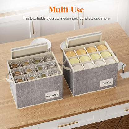 Lifewit 2 Pcs Wine Glass Storage Box with Dividers, Stackable Cationic Hard Shell Stemware Containers with 24 Cells, Foldable Dustproof China Containers for Moving, Light Grey, 37 x28x27cm
