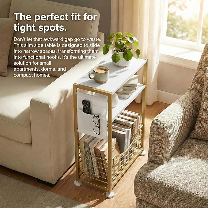 Skinny Side Table with Storage, 3 Tier Slim Side Tables for Small Spaces, Skinny End Table Narrow Bedside Table Narrow Side Table for Living Room, Bedroom