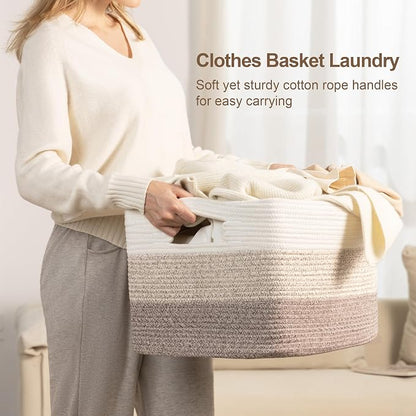 72L Large Laundry Basket with Leather Handles for Living Room Storage, Woven Rope Baskets Bin for Blanket, Kids Toy, Gifts, Wicker Hamper for Bedroom Dirty Clothes, 22"x17"x12" Gradient Brown