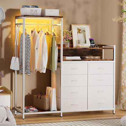 58" H Dresser with Hanging Rack,8 Fabric Drawers, Large Capacity Storage Organizer with USB Charging Station & LED Lights& Hooks for Bedroom Dorm Room Apartment,White