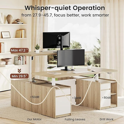 Executive Standing Desk with Drawers & Storage, 71'' Adjustable Electric Stand Up Wood Desk with Privacy Panel, AC/USB, File Cabinet, Large One-Piece Destop for Home Office, Light Walnut