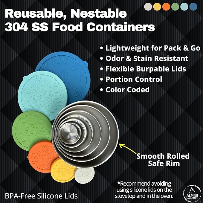 Alpine Elevation 12 Pcs - 6 Stainless Steel Containers + 6 Silicone Lids | 304 Stainless Steel Snack Container | Nesting Snack and Dip Containers | Metal Food Storage