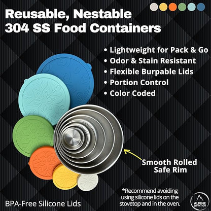 Alpine Elevation 12 Pcs - 6 Stainless Steel Containers + 6 Silicone Lids | 304 Stainless Steel Snack Container | Nesting Snack and Dip Containers | Metal Food Storage