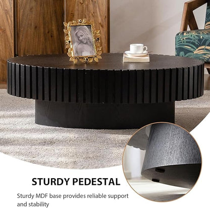 Oval Coffee Table, Handcrafted Fluted Drum Coffee Tables Modern Wood Coffee Table Drum Center Table for Living Room, Apartment (Oval Black)