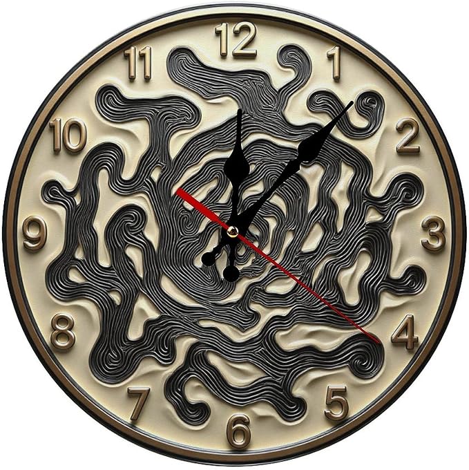 Wall Clock, Abstract Non Ticking Wall Clocks Battery Operated, Golden Wooden Wall Clocks for Kitchen, Living Room, Bedroom, Office, Bathroom Decorative 10 Inch
