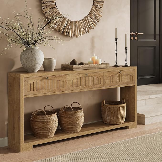 LITTLE TREE 70.8-Inch Long Console Table with 3 Drawers, Farmhouse Narrow Entryway Table for Hallway, Entry, Behind Couch, Sofa, Entrance, Living Room, Foyer with 2-Tier Shelves, Light Brown