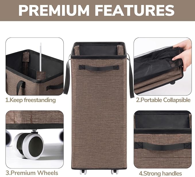 Goodpick Laundry Basket with Wheels, 75L Collapsible Laundry Baskets with Removable Wash Bag, Clothes Laundry Hamper on Wheels, Light Brown