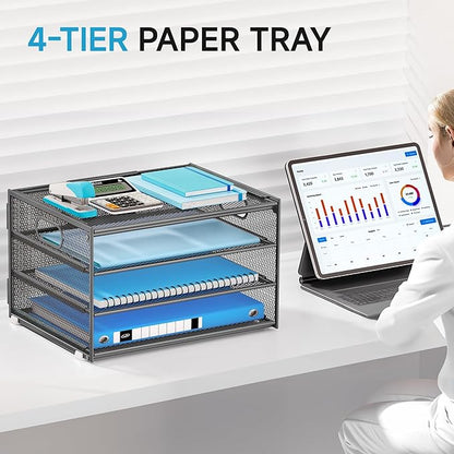Lavatino 3-Tier Letter Tray Desk Organizer, Mesh Metal Paper File Tray Organizer for Desk, Office Supplies & Home Organization, Fits A4 Paper, Mail, Magazines & Office Accessories (Grey with Handle)