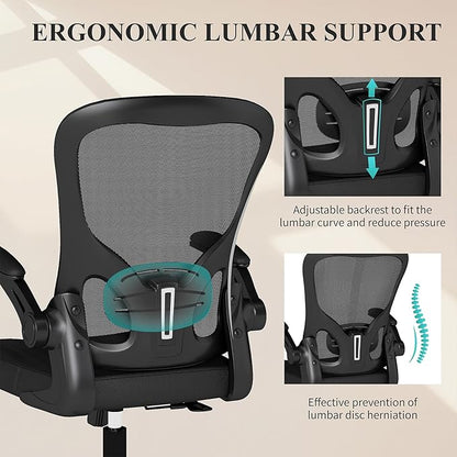 Flysky Mesh Office Chair, Ergonomic Computer Desk Chairs for Home Office - with Comfy/Comfortable Flip-up Arm Rests, Lumbar Support, Height Adjustable, 360 Degree Rolling Swivel (Black)