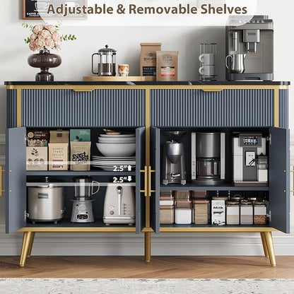 47.2" Buffet Storage Cabinet, Modern Fluted Coffee Bar Station with 2 Drawers & Adjustable Shelves, Kitchen Sideboard Buffet for Dining Room, Living Room, Hallway, Navy Blue