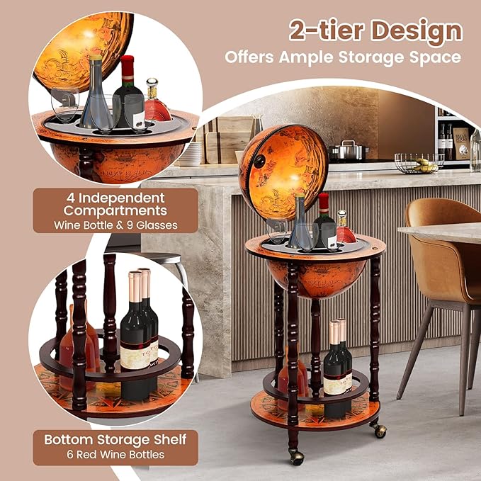 Goplus Globe Bar, 17.5” Liquor Globe Bar Cart with Wheels, Bottom Shelf, Old World Map, 16th Century Italian Replica Retro Wine Alcohol Stand, Globe Bar Cart for Dining Room Living Room Home