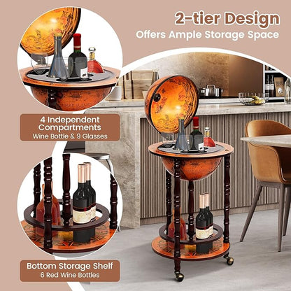 Goplus Globe Bar, 17.5” Liquor Globe Bar Cart with Wheels, Bottom Shelf, Old World Map, 16th Century Italian Replica Retro Wine Alcohol Stand, Globe Bar Cart for Dining Room Living Room Home