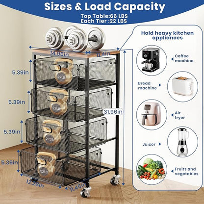 Goovilla Kitchen Cart with Drawers, 4 Tier Metal Rolling Utility Cart Organizer on Lockable Wheels with Wooden Top, Black Fruit Vegetable Storage Rack Also for Cans, Snack, Craft, Art, Office, Beauty