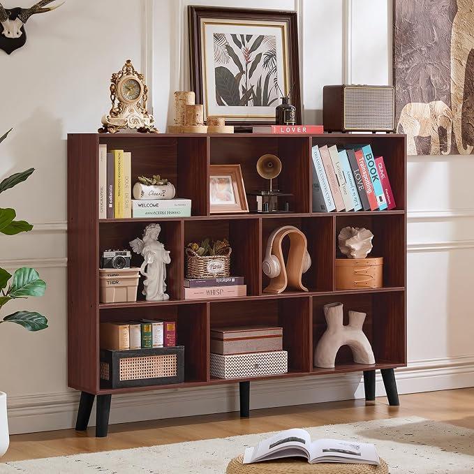 LEYAOYAO 10 Cube Bookshelf, 3 Tier Vintage 55" Wide Bookcase with Legs, Mid-Century Wood Bookshelves Storage, Walnut Large Book Case, Freestanding Organizer Display Shelf for Living Room, Office
