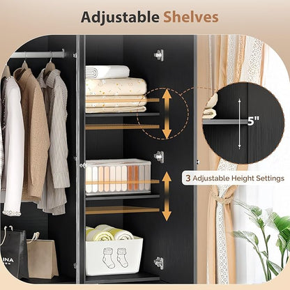 VINGLI Armoire Wardrobe Closet with Doors and Mirror,47" W Wardrobe Cabinet Wooden with Hanging Rod & Shelves Inside, 4 Door Bedroom Armoires with Drawers, Black Freestanding Armoire for Bedroom